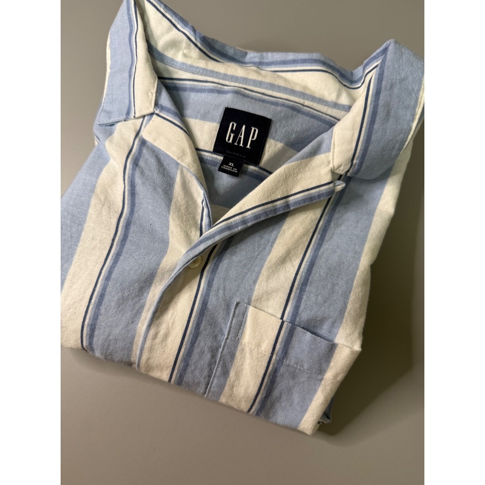 Gap Mens XL Blue White Striped Linen Blend Short Sleeve Button Down Camp Shirt